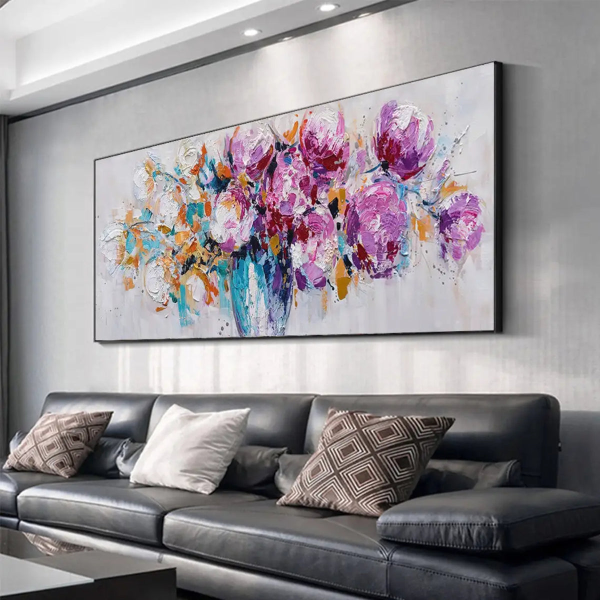 Room mockup showing expressive purple and magenta blossoms with orange sprigs and turquoise marks in a blue-toned vase against pale grey.