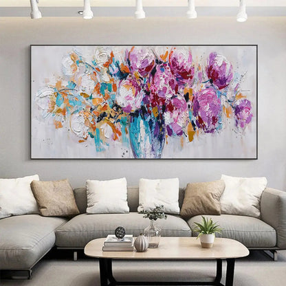Room mockup showing expressive purple and magenta blossoms with orange sprigs and turquoise marks in a blue-toned vase against pale grey.