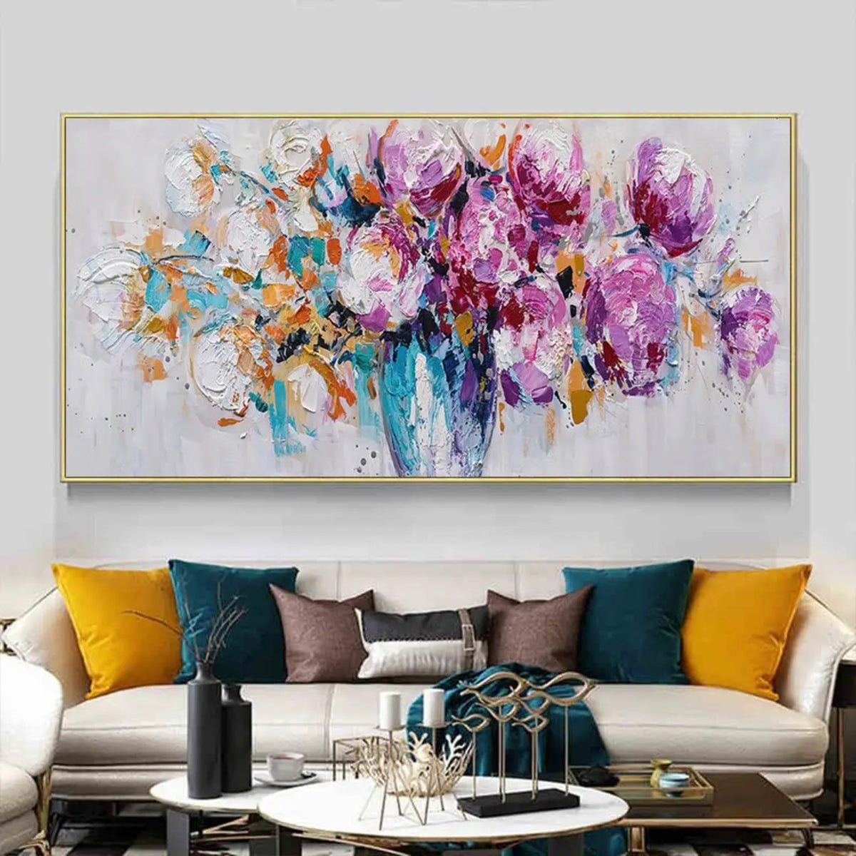 Room mockup showing expressive purple and magenta blossoms with orange sprigs and turquoise marks in a blue-toned vase against pale grey.