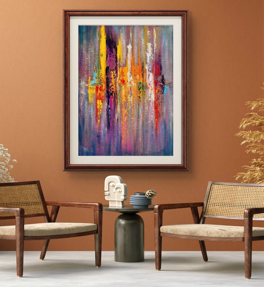 Room mockup. Bright yellow, orange and red vertical marks with fine drips across a purple, blue and grey textured field.