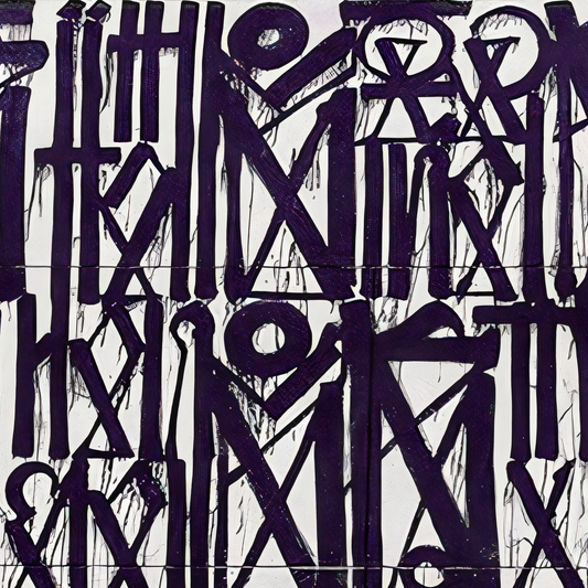 Close-up. Deep purple geometric symbols cover the upper area, with pink symbols across a lower horizontal strip on white.