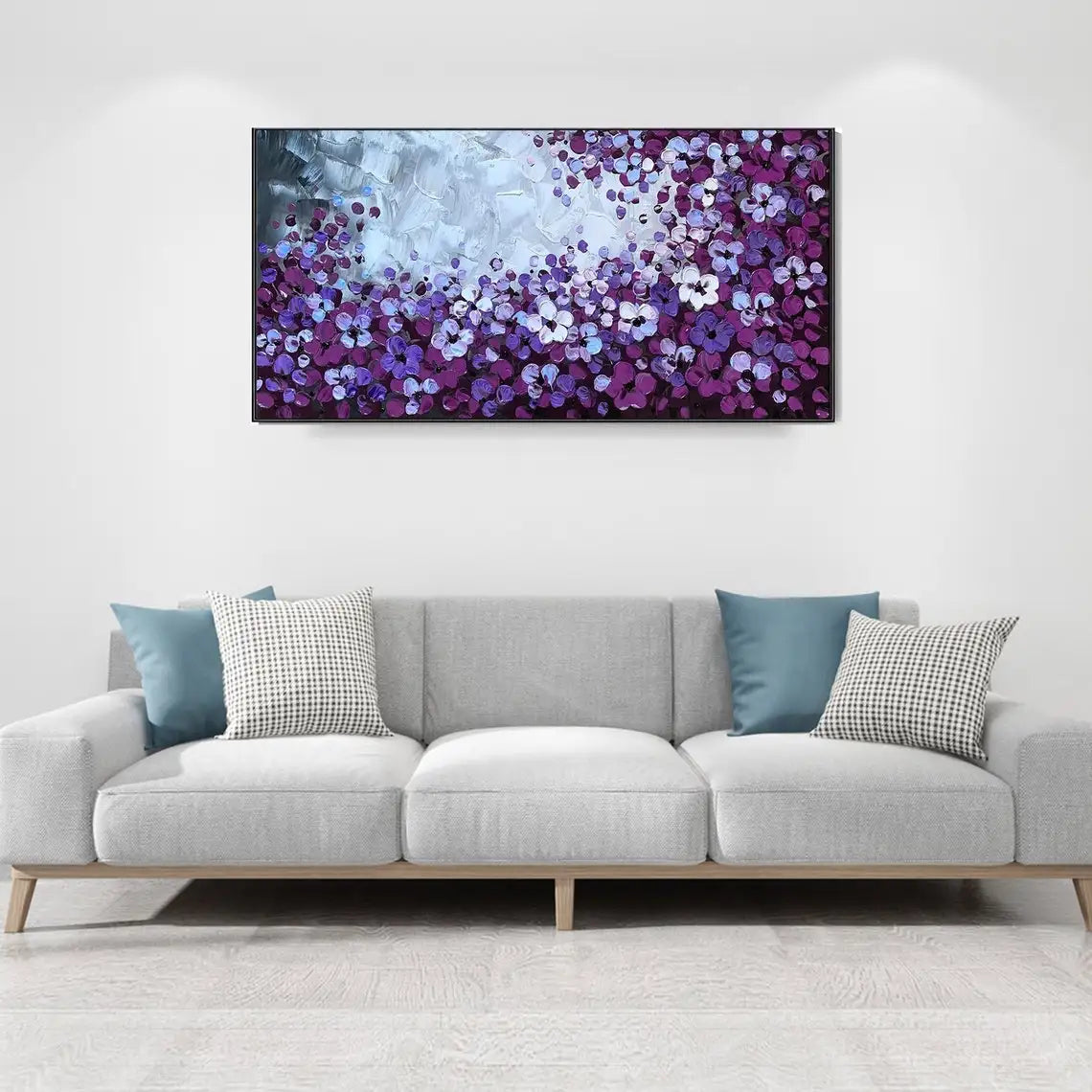 Room mockup showing dense purple, violet and white flowers around a bright pale blue-grey opening near the upper centre.