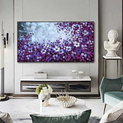 Room mockup showing dense purple, violet and white flowers around a bright pale blue-grey opening near the upper centre.