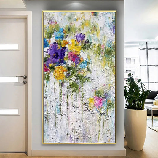 Room mockup. Small purple, yellow and pink flower-like patches with green stems among thick white textured marks.