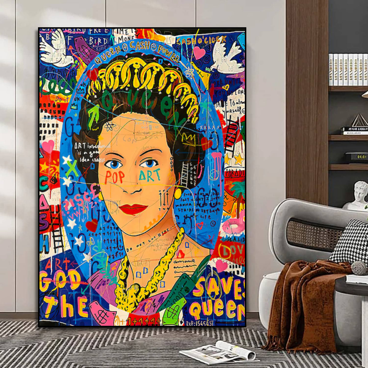 Room mockup showing colourful Queen Elizabeth II pop art portrait with a crown, blue background, graffiti lettering and white birds.