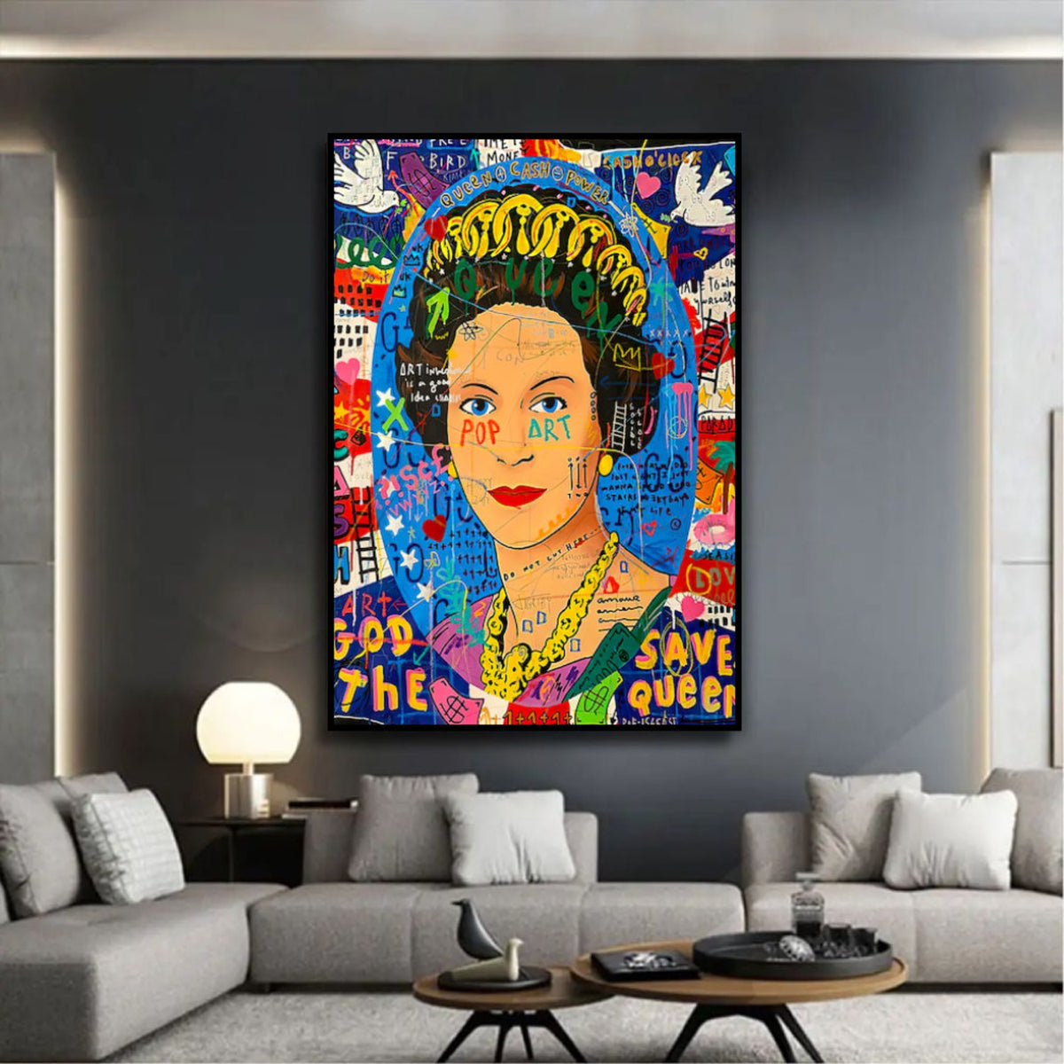 Room mockup showing colourful Queen Elizabeth II pop art portrait with a crown, blue background, graffiti lettering and white birds.