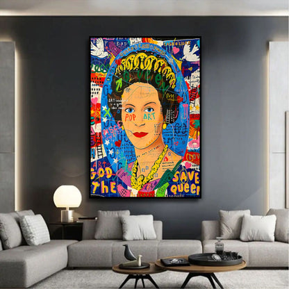 Room mockup showing colourful Queen Elizabeth II pop art portrait with a crown, blue background, graffiti lettering and white birds.