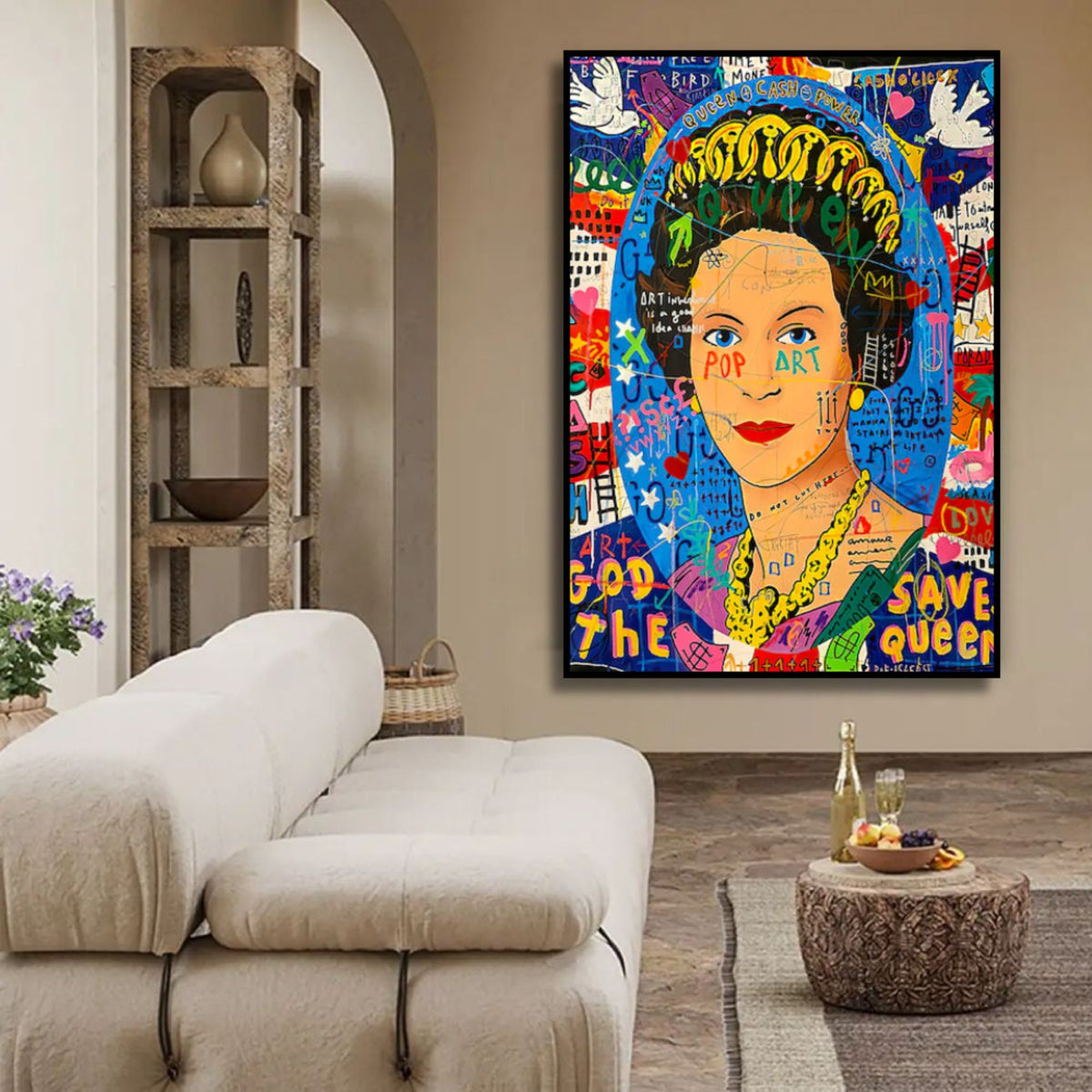 Room mockup showing colourful Queen Elizabeth II pop art portrait with a crown, blue background, graffiti lettering and white birds.