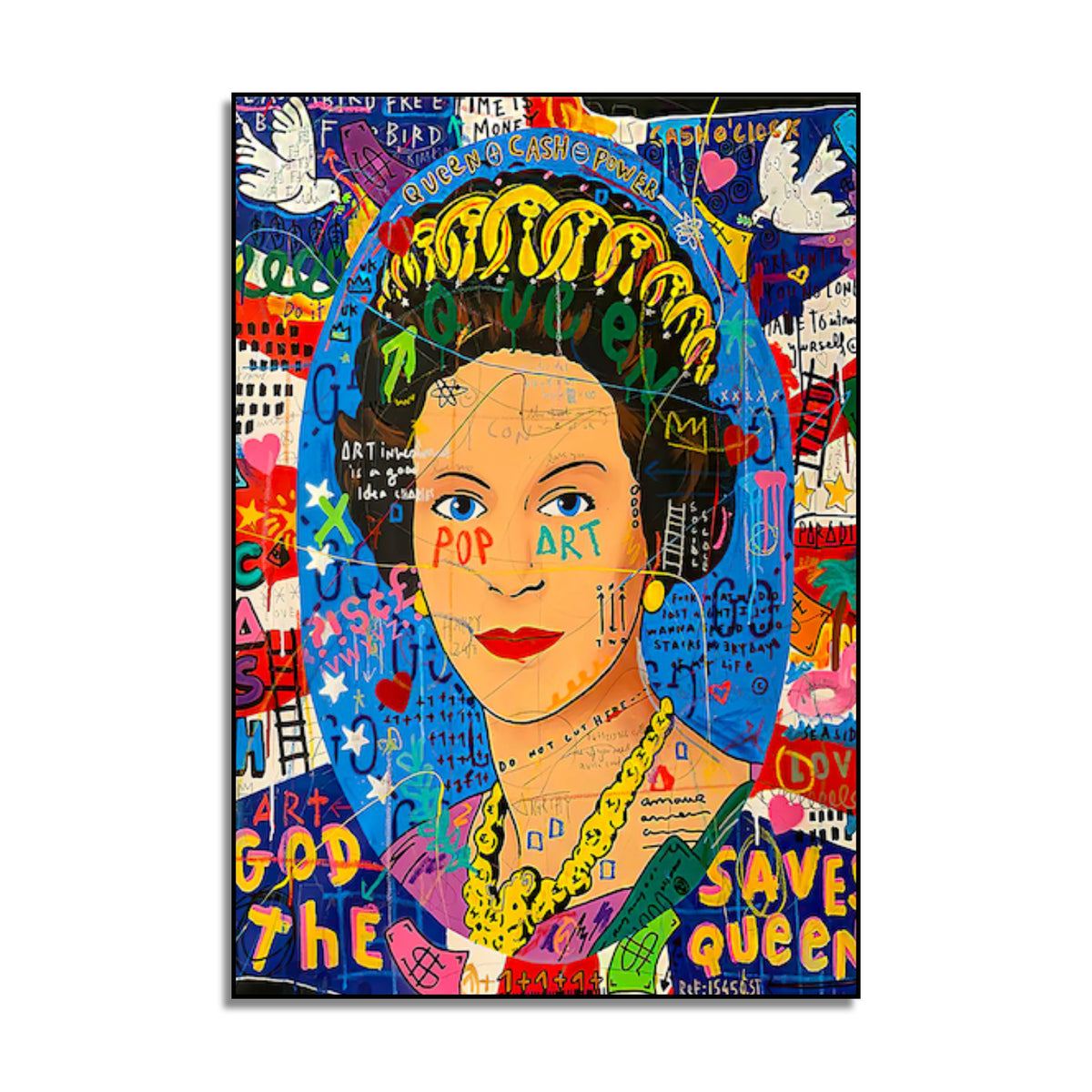 Colourful Queen Elizabeth II pop art portrait with a crown, blue background, graffiti lettering and white birds.