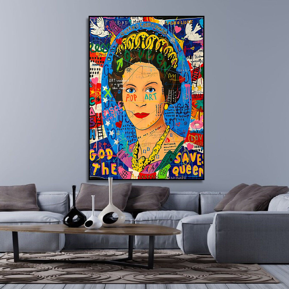 Room mockup showing colourful Queen Elizabeth II pop art portrait with a crown, blue background, graffiti lettering and white birds.