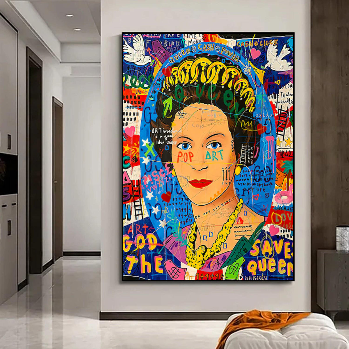 Room mockup showing colourful Queen Elizabeth II pop art portrait with a crown, blue background, graffiti lettering and white birds.