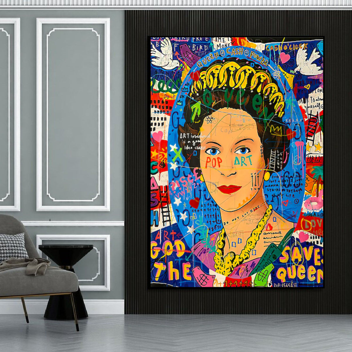 Room mockup showing colourful Queen Elizabeth II pop art portrait with a crown, blue background, graffiti lettering and white birds.