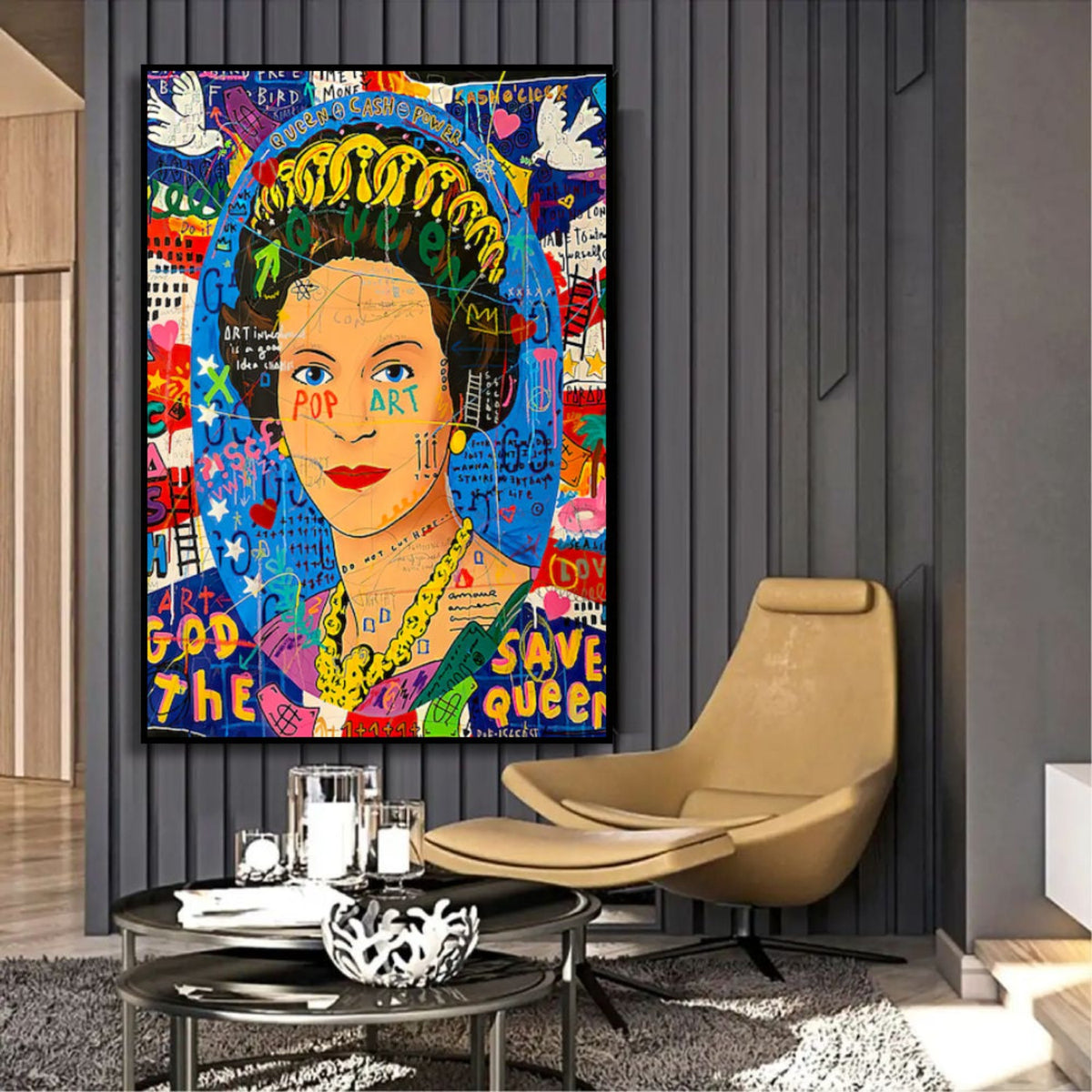 Room mockup showing colourful Queen Elizabeth II pop art portrait with a crown, blue background, graffiti lettering and white birds.