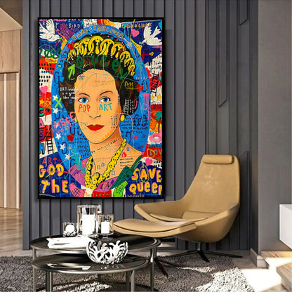 Room mockup showing colourful Queen Elizabeth II pop art portrait with a crown, blue background, graffiti lettering and white birds.