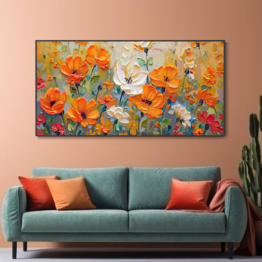 Interior preview of orange and white flowers with red and yellow accents, green stems and a pale blue ground.