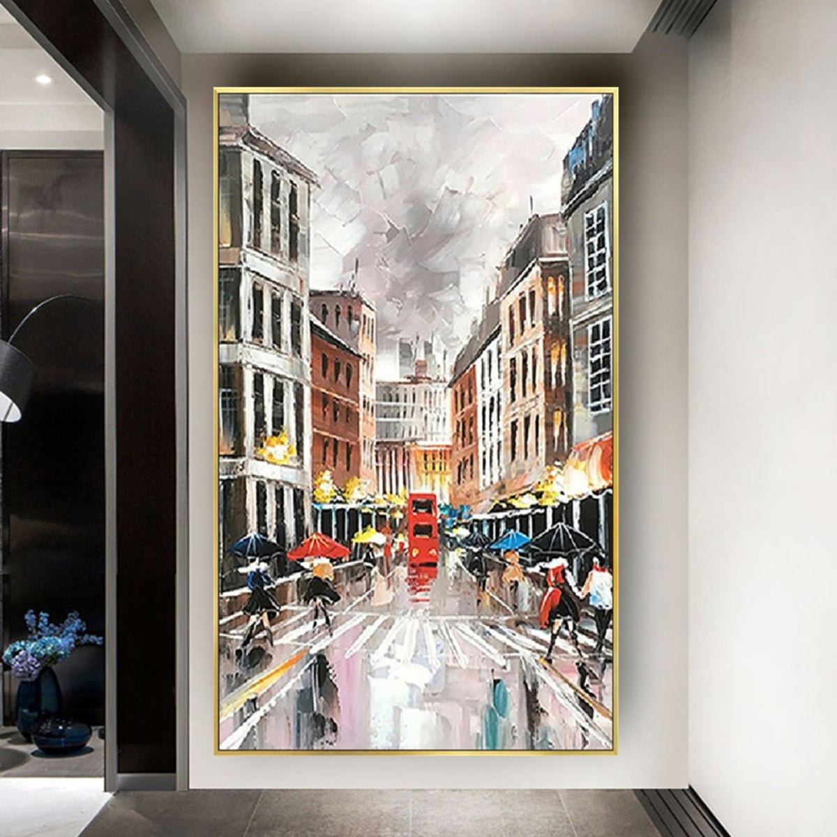 Room mockup. Rainy city street between tall buildings, with pedestrians, umbrellas and a red double-decker bus reflected on wet paving.