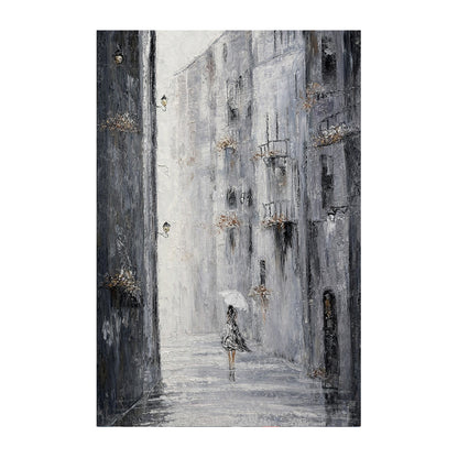 Artistic depiction of a person walking down a narrow street with an umbrella, surrounded by tall buildings.
