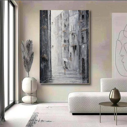 Modern living room with abstract art on the wall