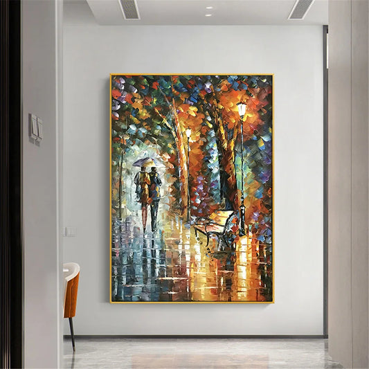 Room mockup showing couple beneath an umbrella on a rain-soaked park path, with orange lamps, dark trees and colourful reflected light.
