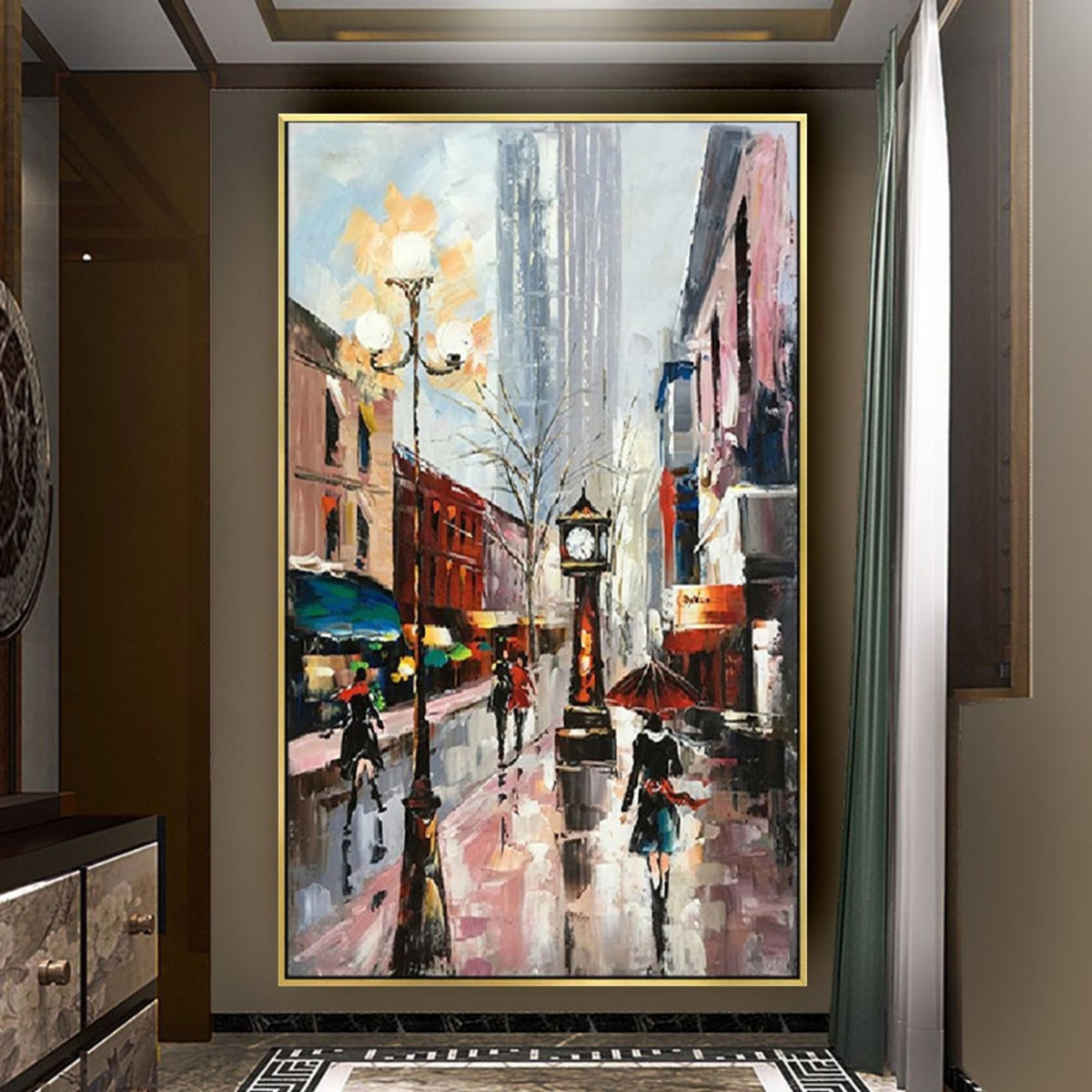 Room mockup. Rainy street with a tall clock, glowing streetlamp and umbrella-carrying figures among red buildings and grey reflections.