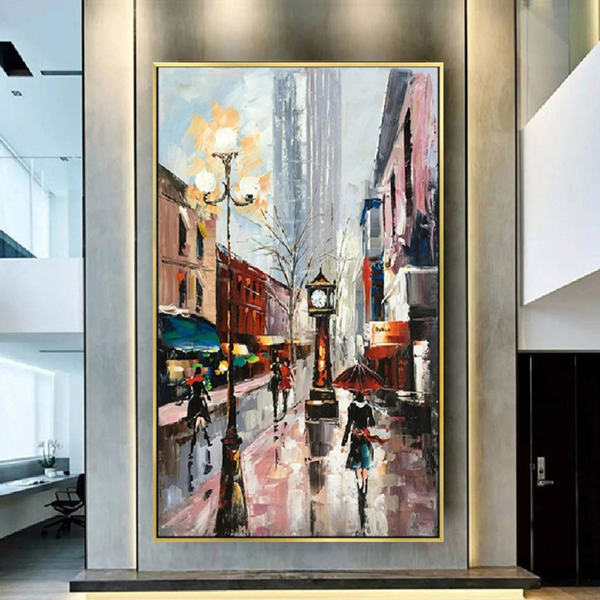 Room mockup. Rainy street with a tall clock, glowing streetlamp and umbrella-carrying figures among red buildings and grey reflections.