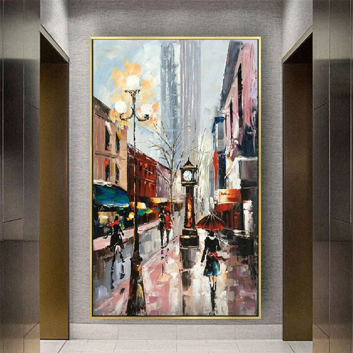 Room mockup. Rainy street with a tall clock, glowing streetlamp and umbrella-carrying figures among red buildings and grey reflections.