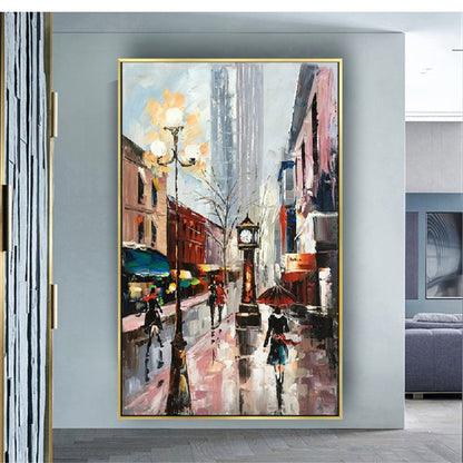 Room mockup. Rainy street with a tall clock, glowing streetlamp and umbrella-carrying figures among red buildings and grey reflections.