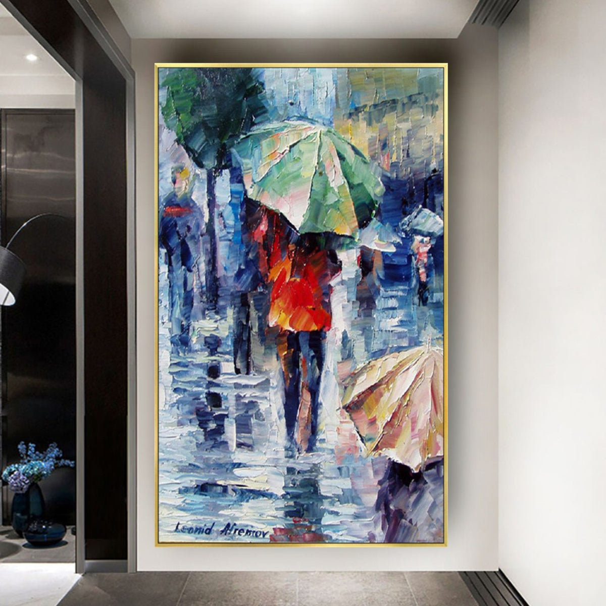 Room mockup. Two figures beneath a green umbrella, one in a red coat, among blue-grey rainy street reflections.