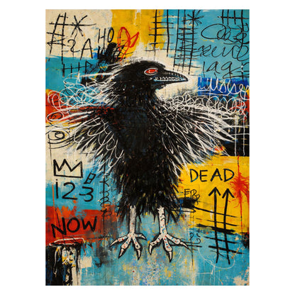 Black crow on a colorful abstract background with text and symbols