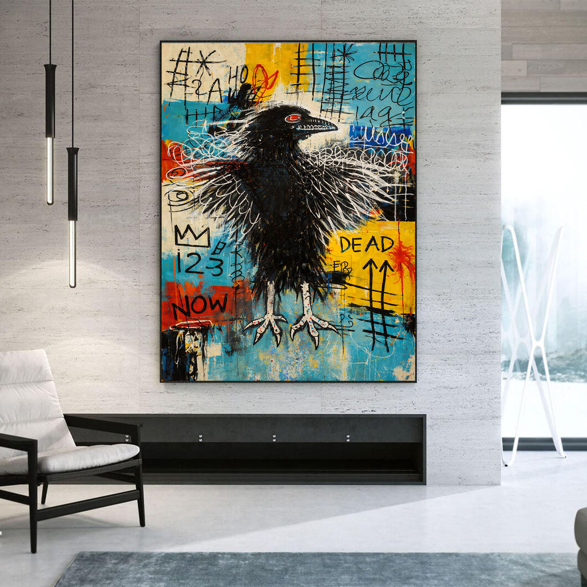 Abstract painting of a crow with colorful background in a modern interior setting