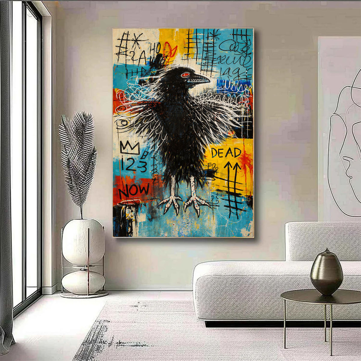 Abstract painting of a black bird with colorful text on a wall in a modern living room.