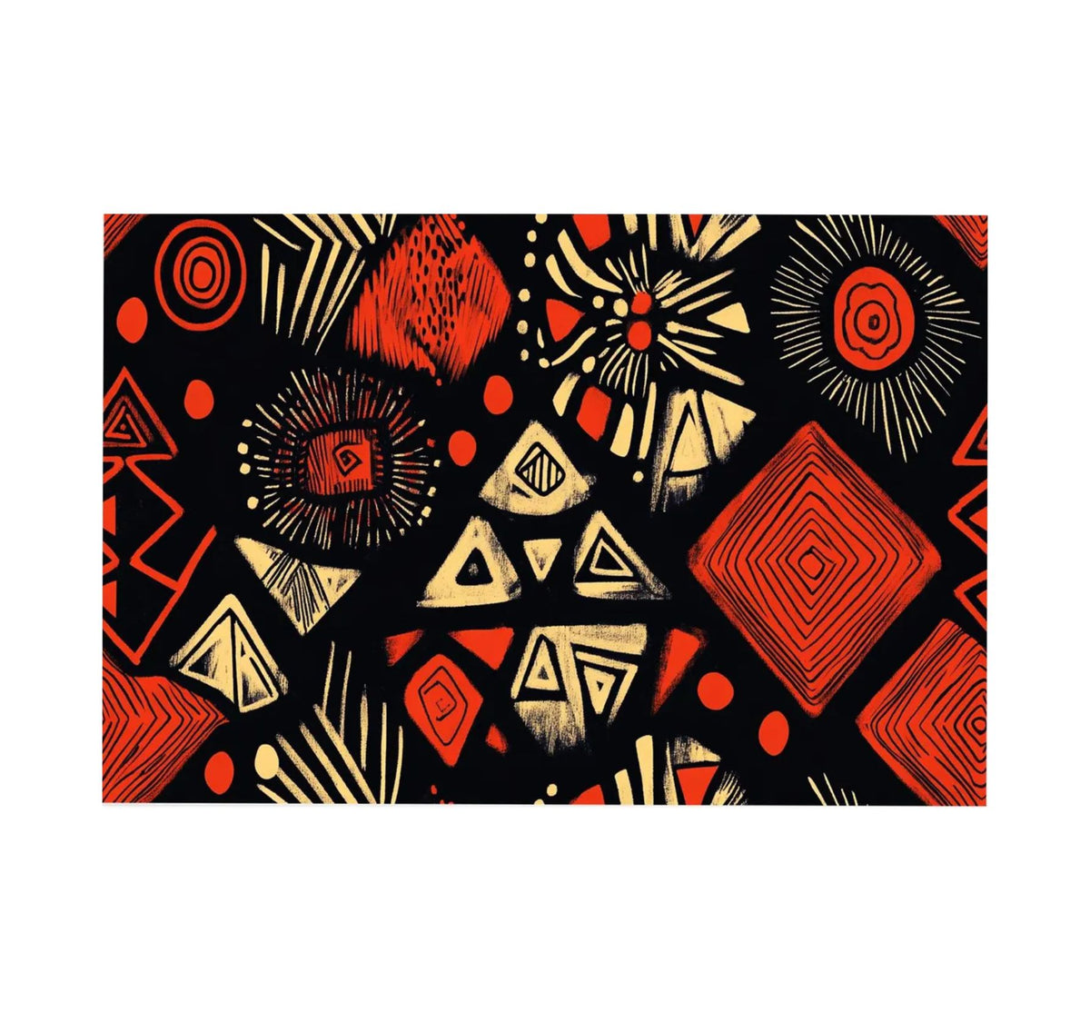 Hand-painted canvas showing red, orange and cream triangles, circles and diamond motifs on black.