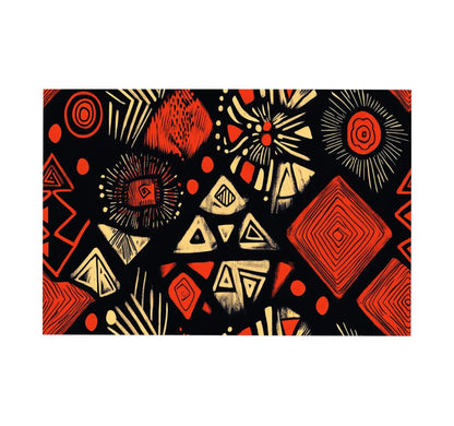 Hand-painted canvas showing red, orange and cream triangles, circles and diamond motifs on black.