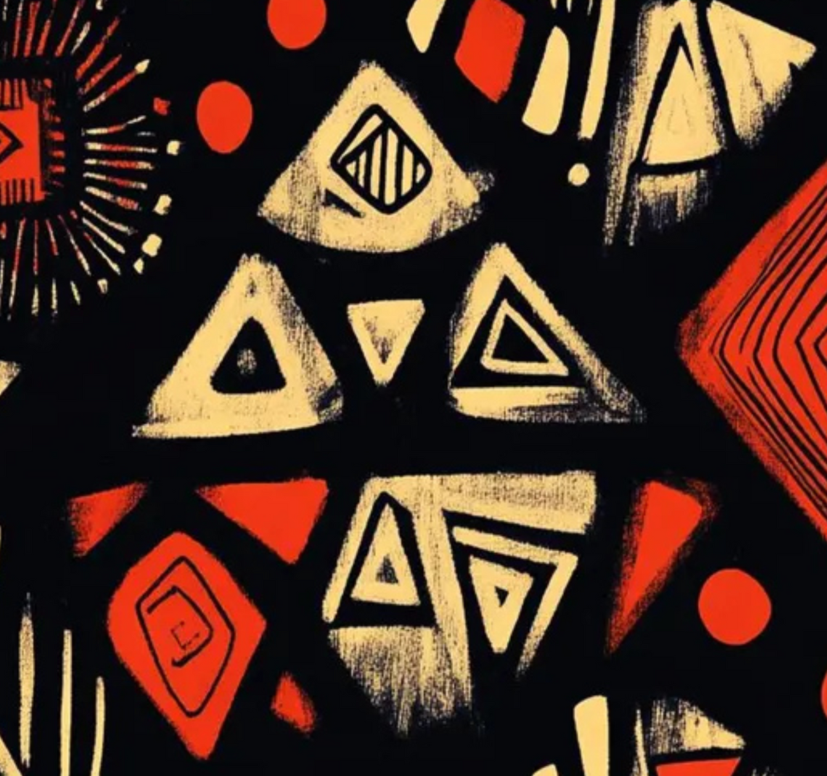 Detail of cream triangles, red dots and angular patterns on a black ground.