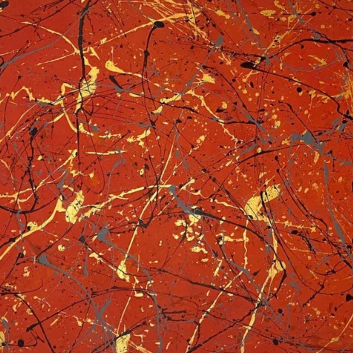 Detail of gold, black and grey drips over a vivid red-orange ground.