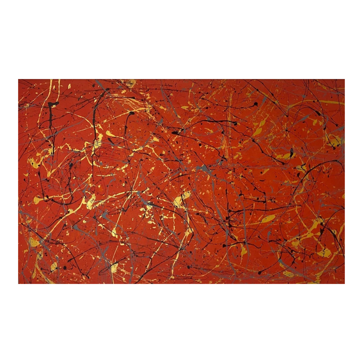 Hand-painted canvas showing gold, black and grey drips over a vivid red-orange ground.
