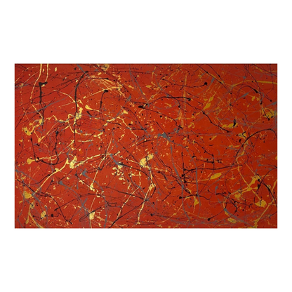 Hand-painted canvas showing gold, black and grey drips over a vivid red-orange ground.