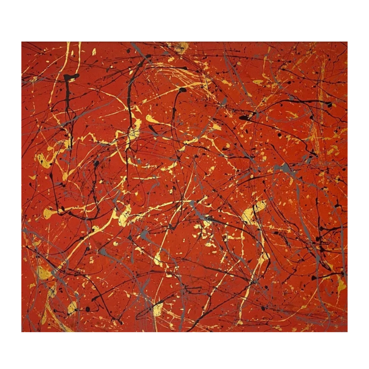 Square crop showing gold, black and grey drips over a vivid red-orange ground.