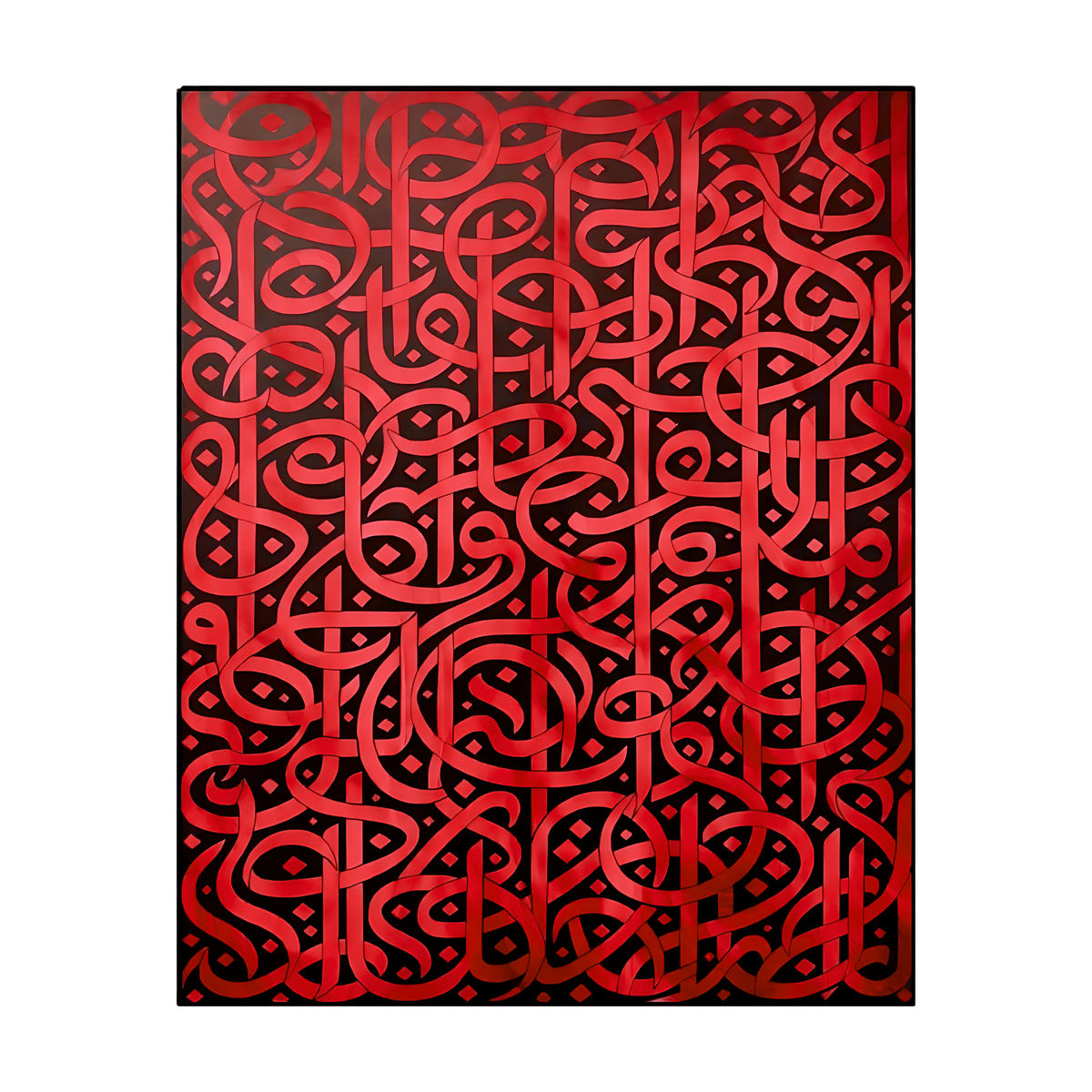 Looping red calligraphic letterforms on a black canvas background.