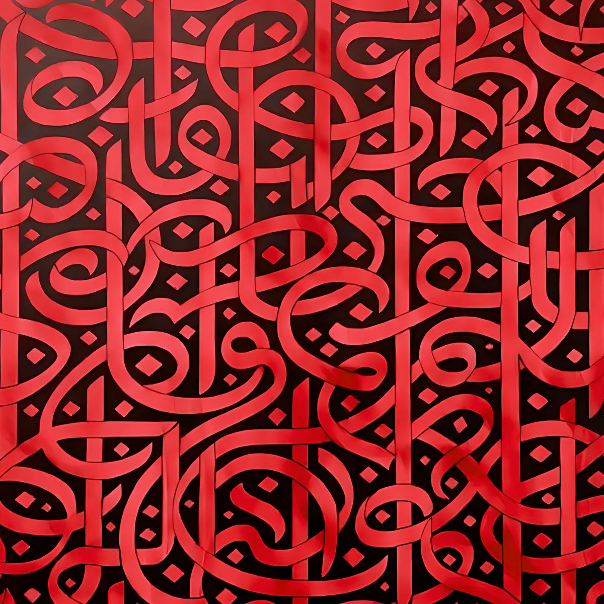 Close-up of interlaced red script-like forms and black negative space.