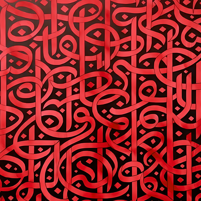 Close-up of interlaced red script-like forms and black negative space.
