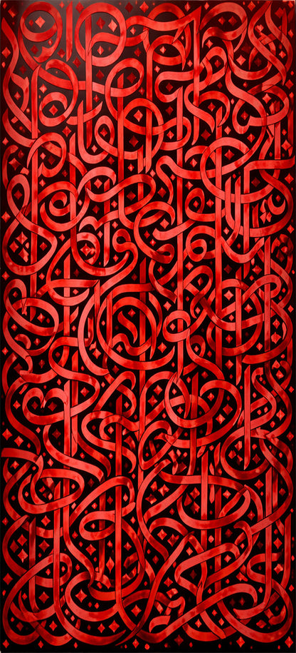 Tall-format view of the red and black calligraphy composition.