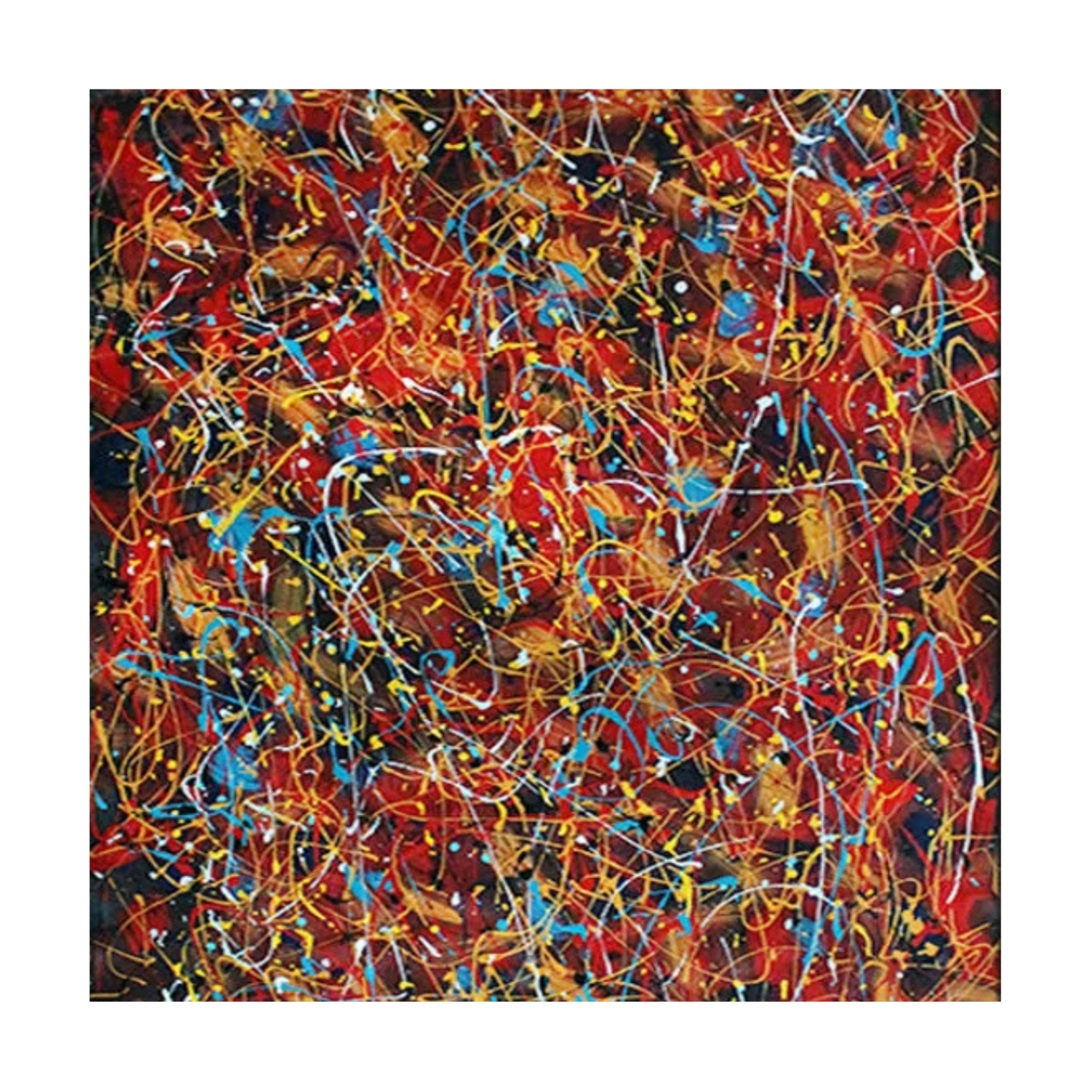 Detail of red and black Pollock-inspired canvas with looping yellow-gold, blue and white splashes and paint drips.
