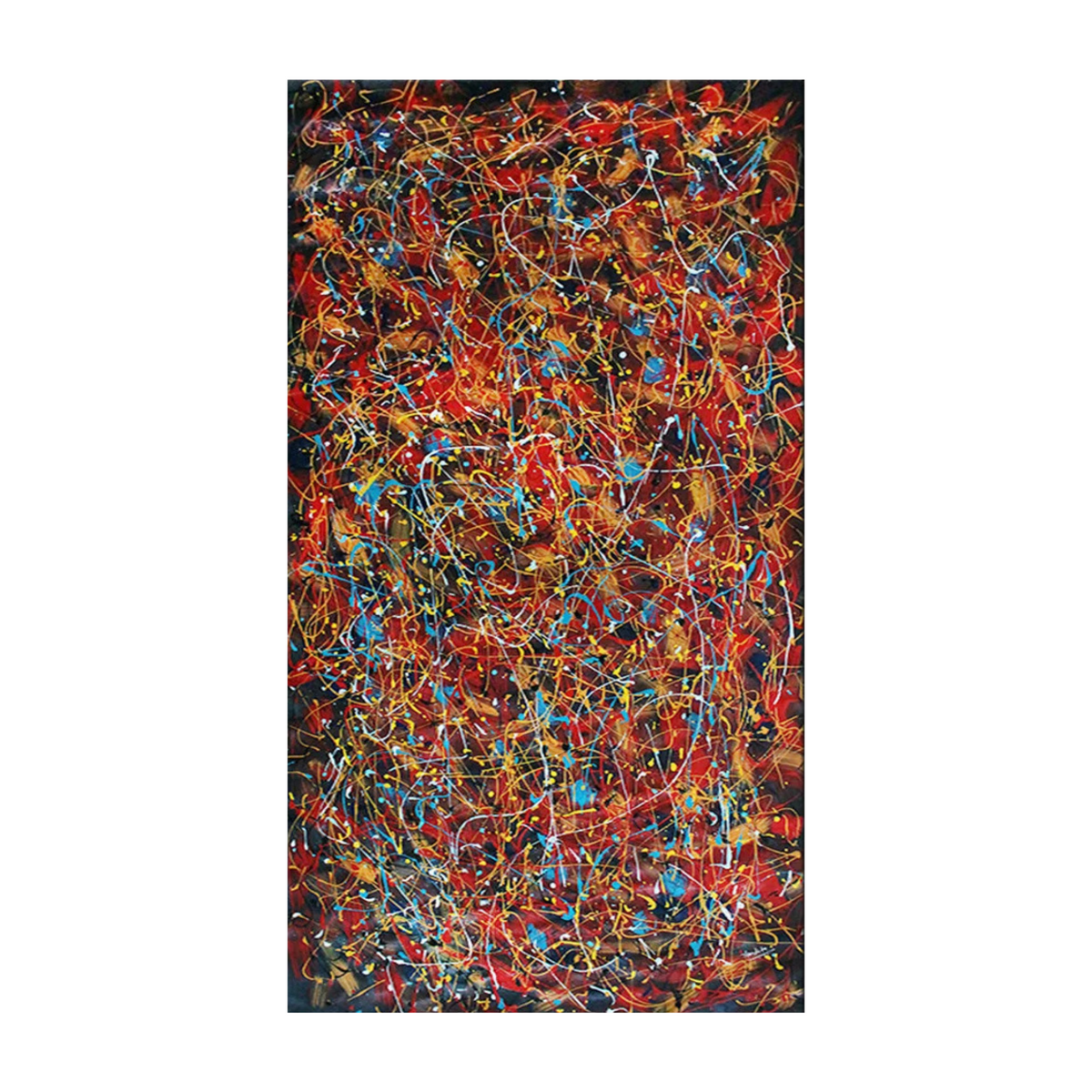 Hand-painted Pollock-inspired abstract with red and black areas crossed by yellow-gold, blue and white paint drips.