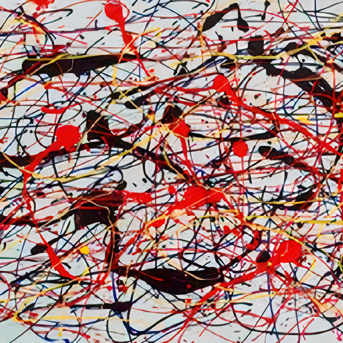 Close-up. Thin black, red, blue and yellow tangled drips and broad red splashes across a pale grey background.