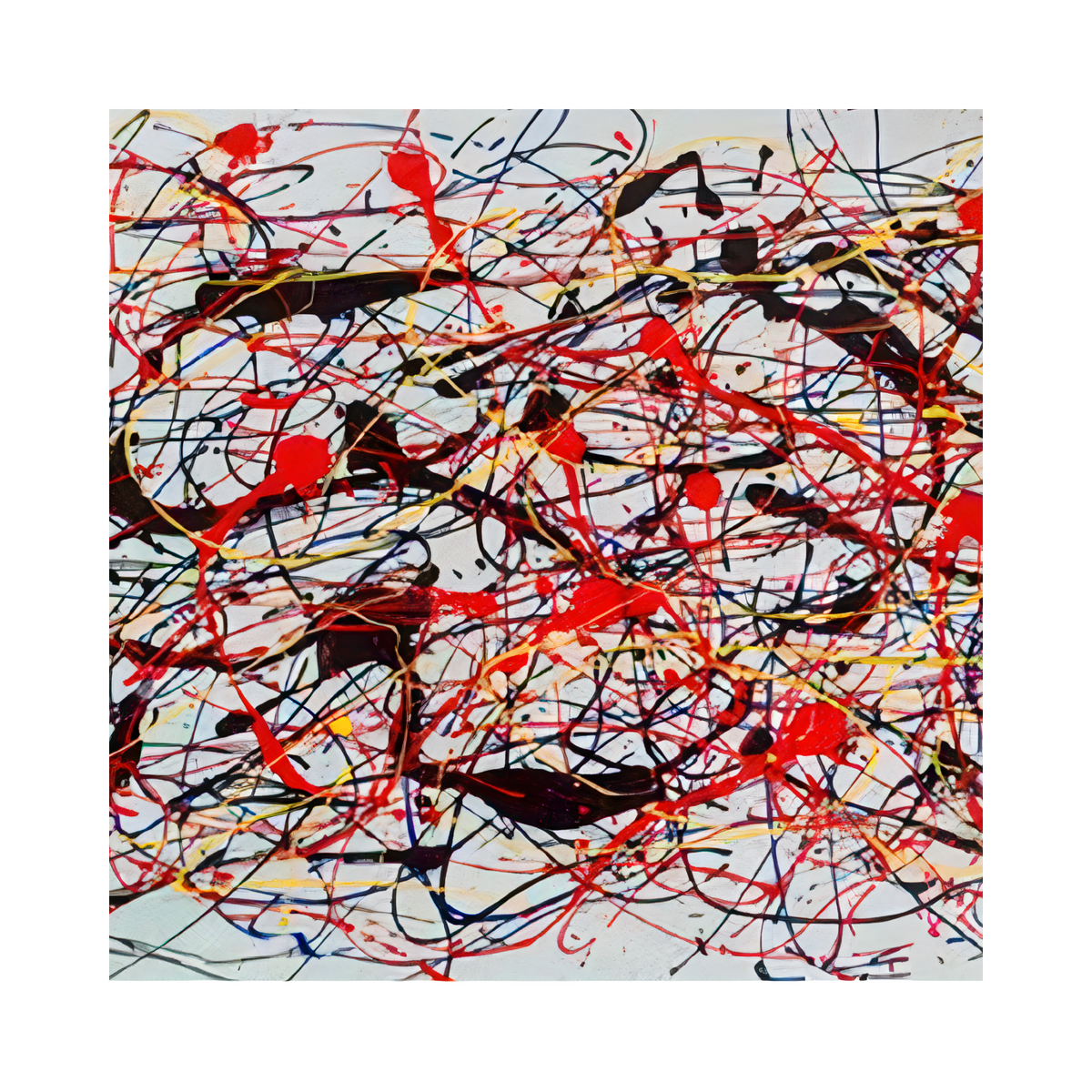 Thin black, red, blue and yellow tangled drips and broad red splashes across a pale grey background.