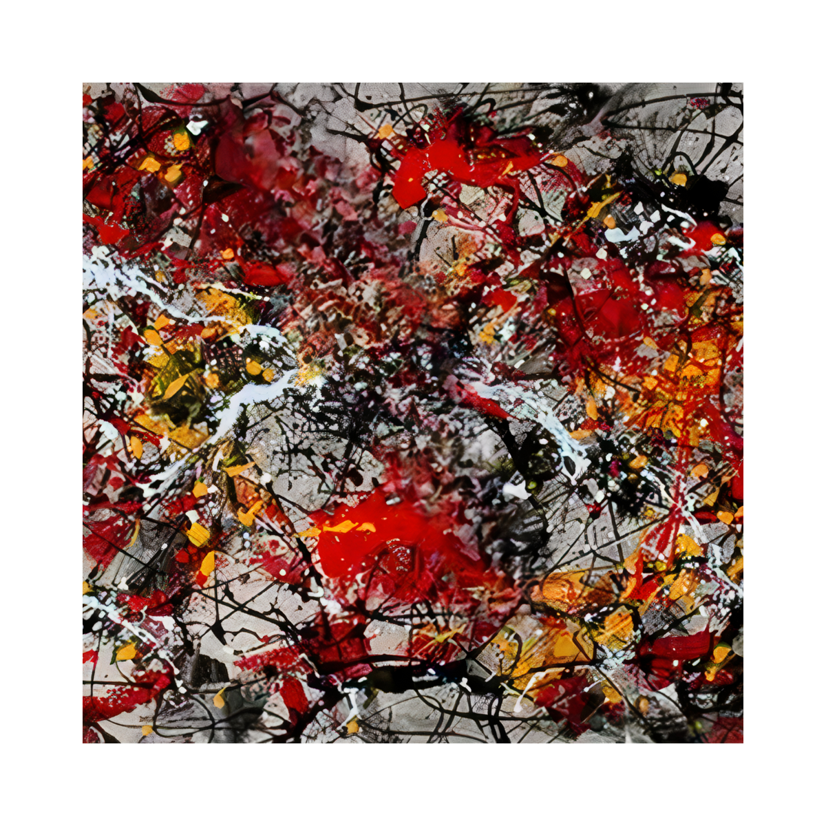 Red splashes, yellow accents and fine black and white tangled lines cover a pale grey background.