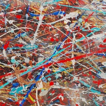 Detail of red, aqua-blue, gold and white drips across a textured dark ground.