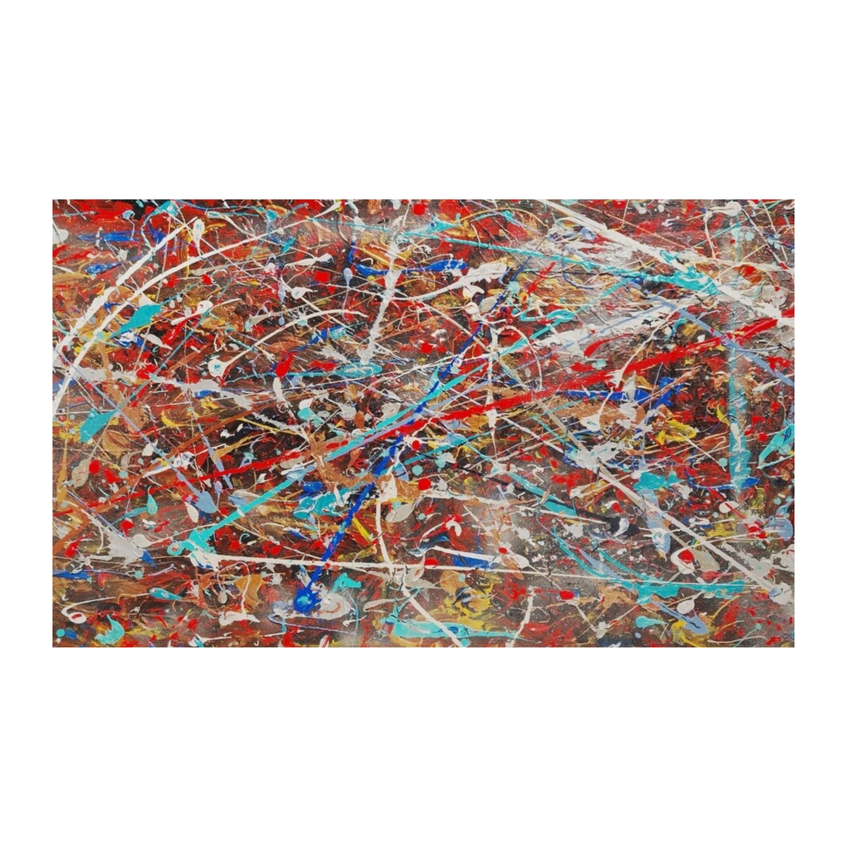 Hand-painted canvas showing red, aqua-blue, gold and white drips across a textured dark ground.