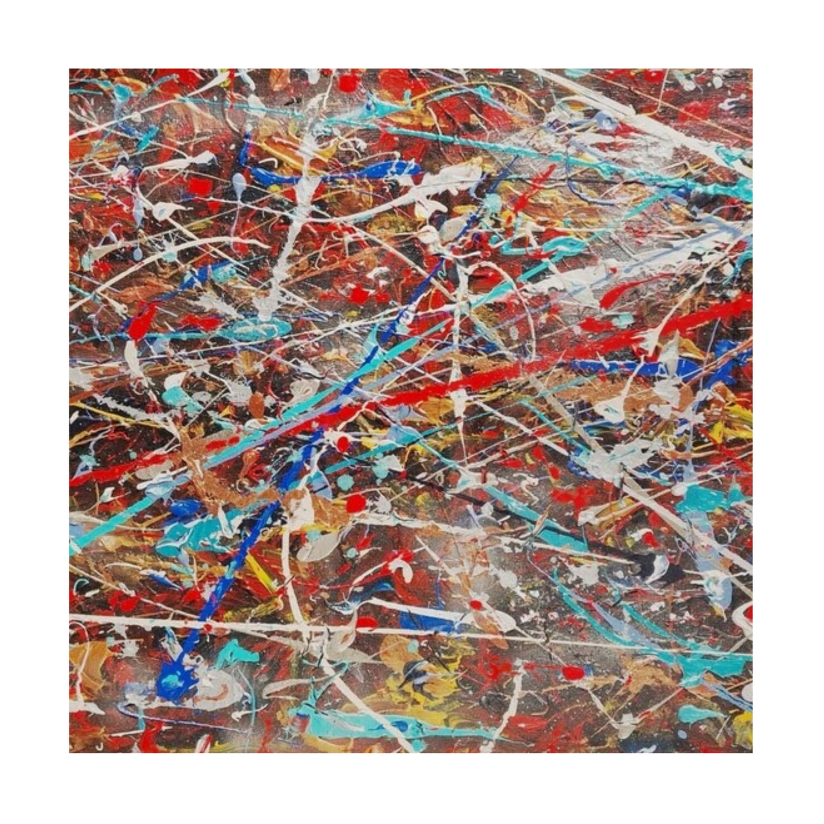 Square crop showing red, aqua-blue, gold and white drips across a textured dark ground.